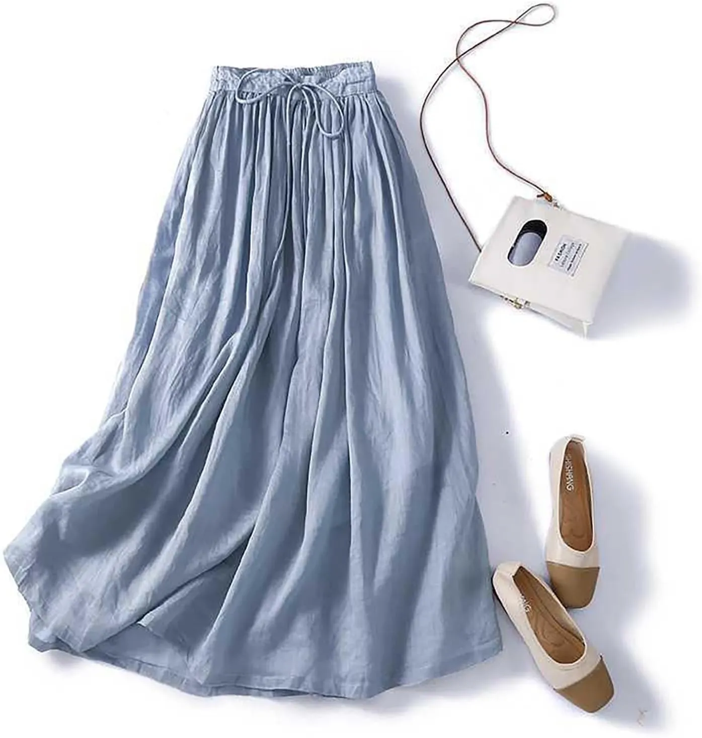 Women's Summer Cotton Linen Skirts Casual Tie Waist A-Line Long Flowy Skirt with Pockets Soft Lightweight Beach Skirt