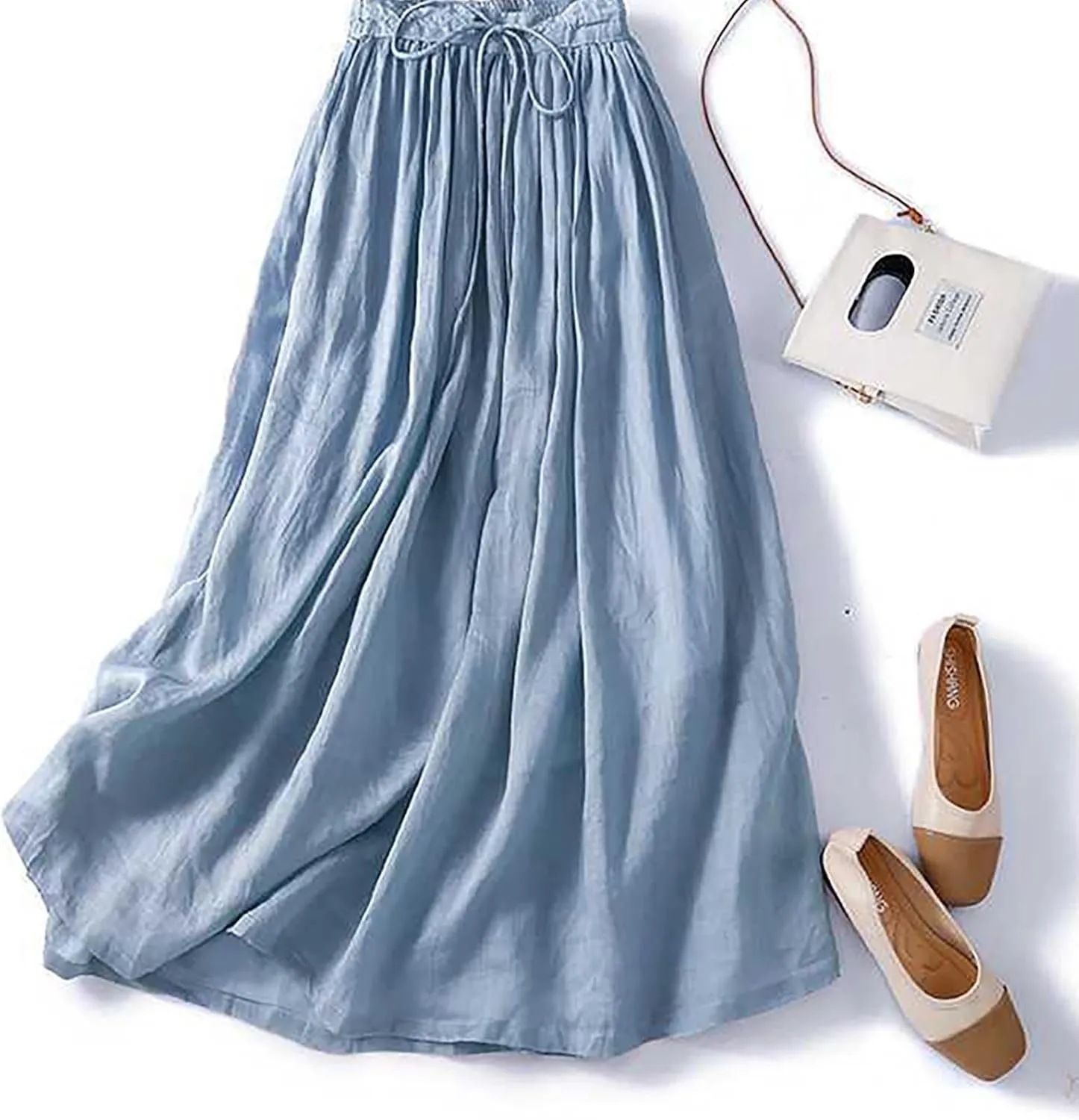 Women's Summer Cotton Linen Skirts Casual Tie Waist A-Line Long Flowy Skirt with Pockets Soft Lightweight Beach Skirt