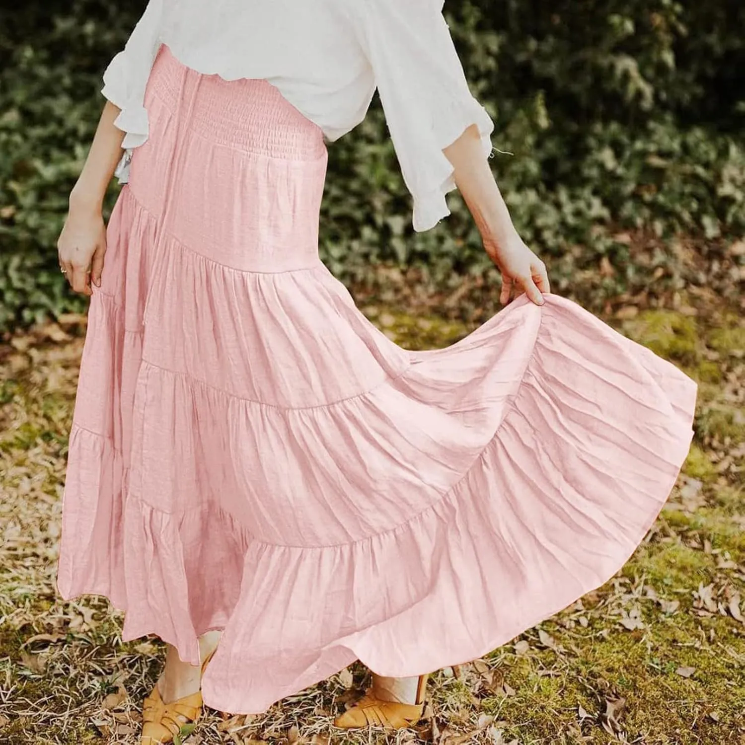 Women's Summer Flowy Boho Maxi Skirt Trendy Drawstring Elastic High Waist Pleated Tiered A Line Beach Long Skirts