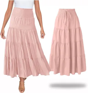 Women's Summer Flowy Boho Maxi Skirt Trendy Drawstring Elastic High Waist Pleated Tiered A Line Beach Long Skirts
