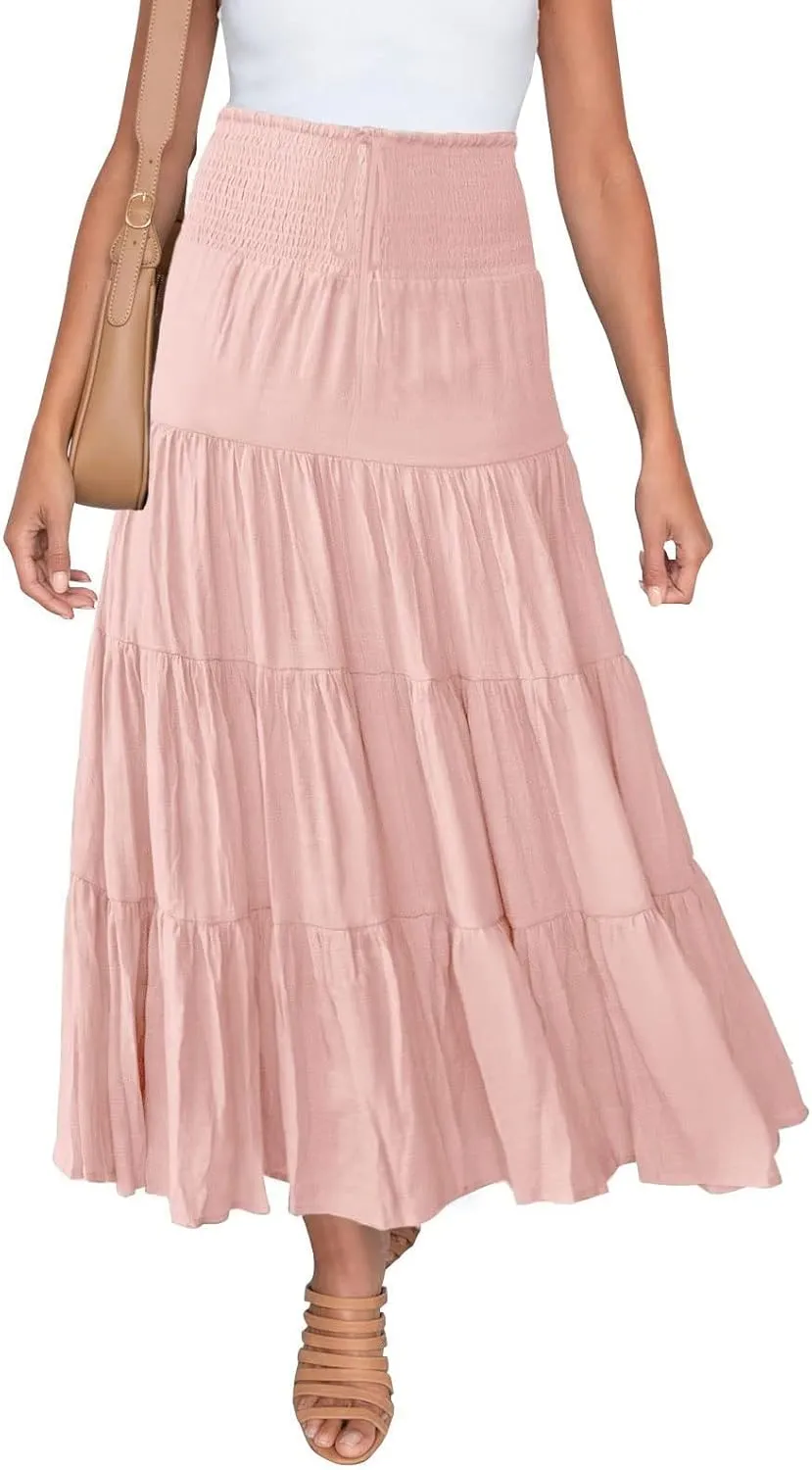 Women's Summer Flowy Boho Maxi Skirt Trendy Drawstring Elastic High Waist Pleated Tiered A Line Beach Long Skirts