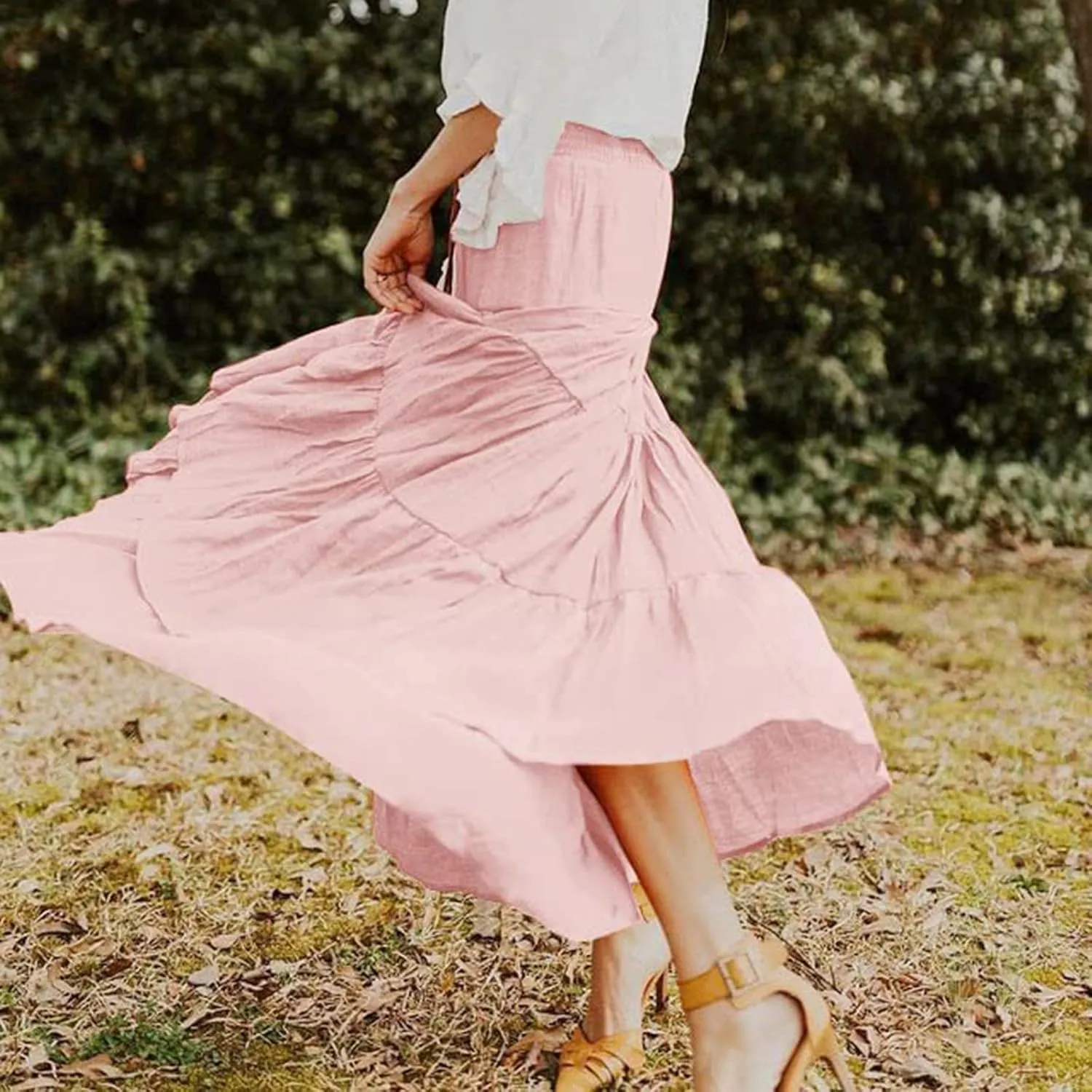 Women's Summer Flowy Boho Maxi Skirt Trendy Drawstring Elastic High Waist Pleated Tiered A Line Beach Long Skirts