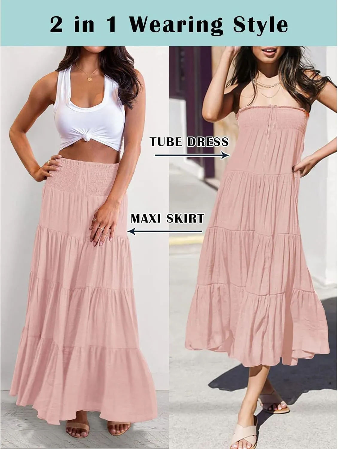 Women's Summer Flowy Boho Maxi Skirt Trendy Drawstring Elastic High Waist Pleated Tiered A Line Beach Long Skirts