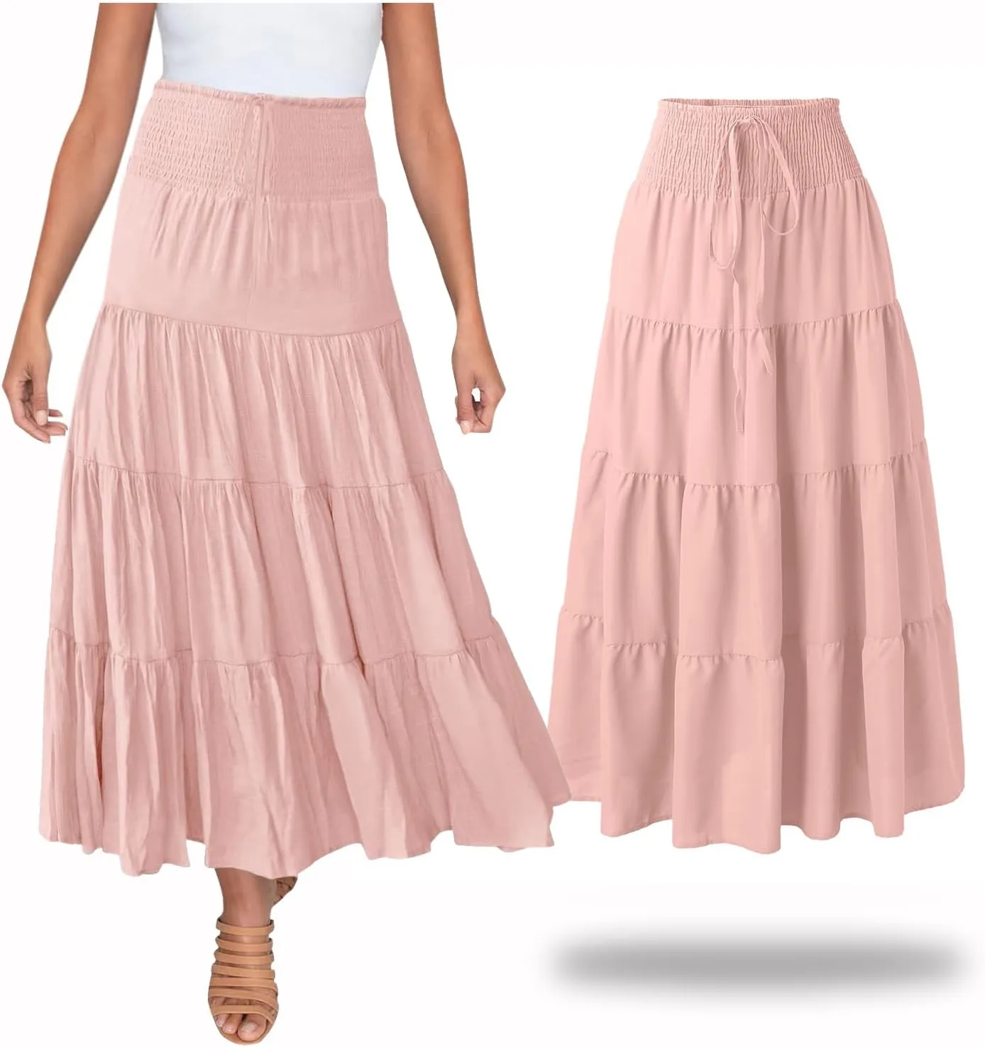 Women's Summer Flowy Boho Maxi Skirt Trendy Drawstring Elastic High Waist Pleated Tiered A Line Beach Long Skirts