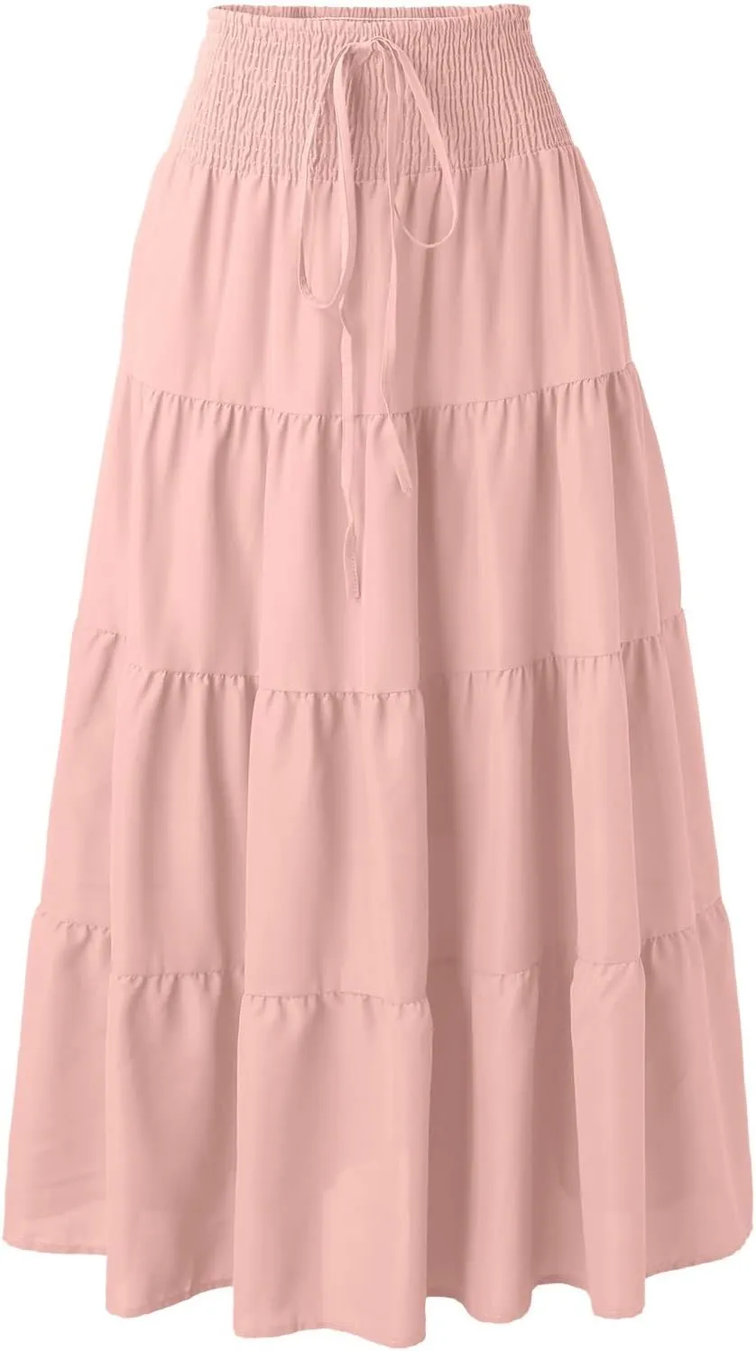 Women's Summer Flowy Boho Maxi Skirt Trendy Drawstring Elastic High Waist Pleated Tiered A Line Beach Long Skirts