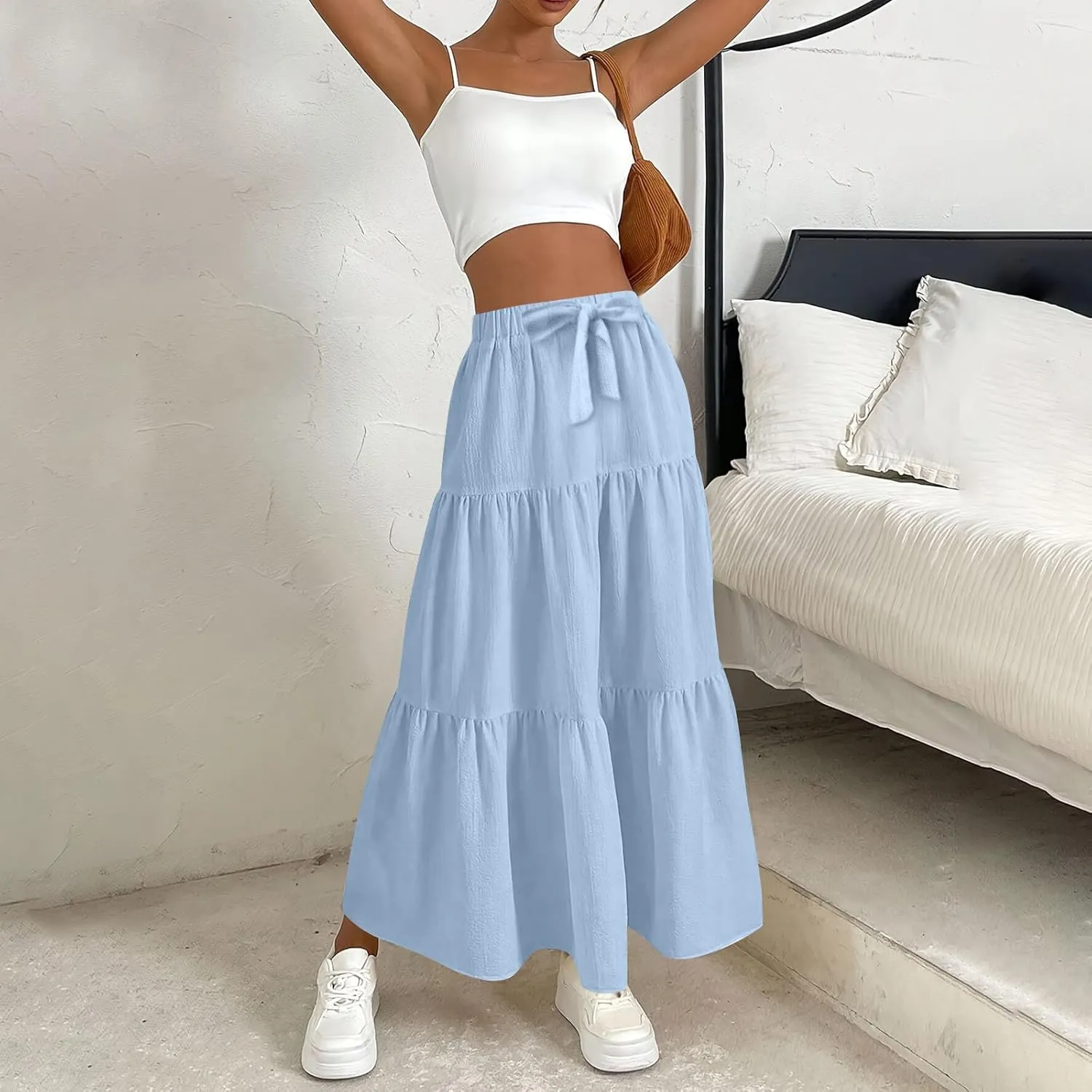 Womens Summer Flowy Swing Midi Skirts Boho High Elastic Waist Fake Drawstring Floral Print A line Casual Cute Skirt