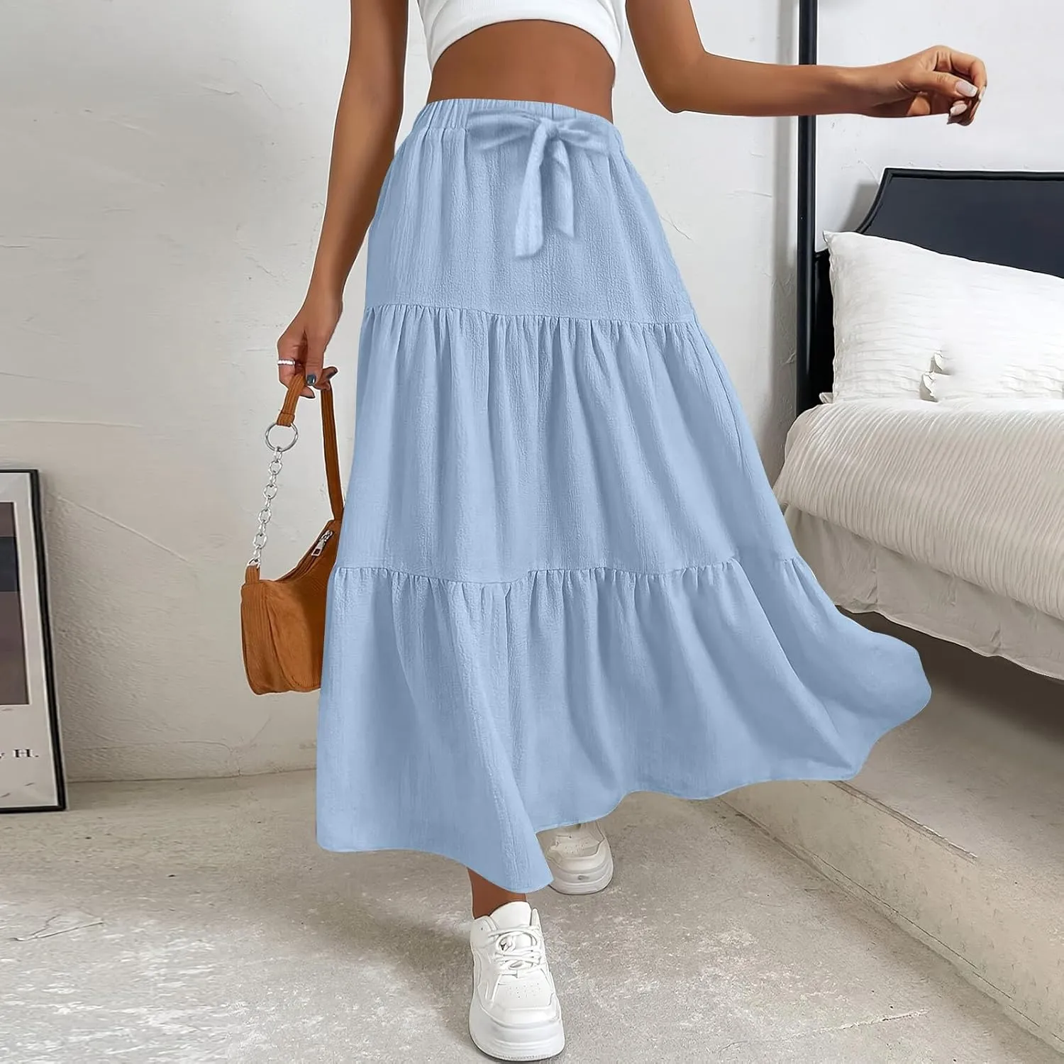 Womens Summer Flowy Swing Midi Skirts Boho High Elastic Waist Fake Drawstring Floral Print A line Casual Cute Skirt