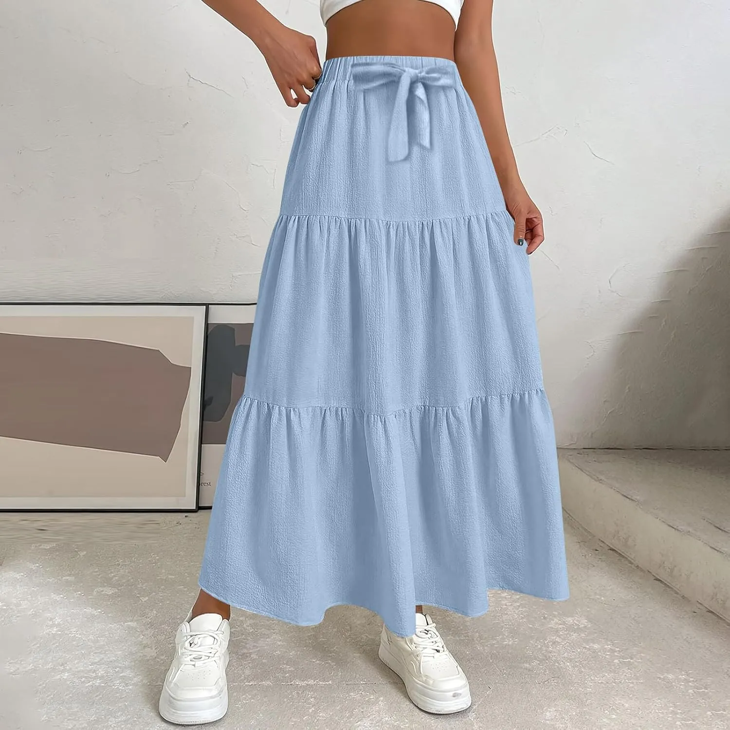 Womens Summer Flowy Swing Midi Skirts Boho High Elastic Waist Fake Drawstring Floral Print A line Casual Cute Skirt