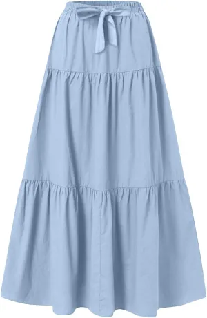 Womens Summer Flowy Swing Midi Skirts Boho High Elastic Waist Fake Drawstring Floral Print A line Casual Cute Skirt
