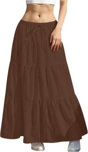 Womens Summer Flowy Swing Tiered A-Line Maxi Skirts 2025 Elastic Waist Pleated Long Skirt Trendy Boho Beach Clothes