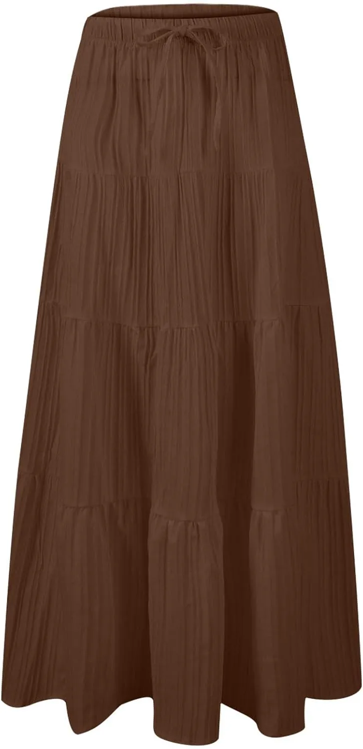 Womens Summer Flowy Swing Tiered A-Line Maxi Skirts 2025 Elastic Waist Pleated Long Skirt Trendy Boho Beach Clothes