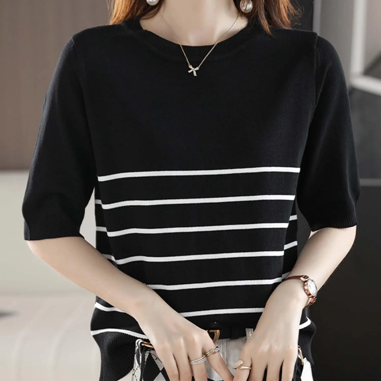 Women's Summer Pima Cotton Knit Short Sleeve Crew Neck Striped Shirt Womens Oversized Tee Shirts