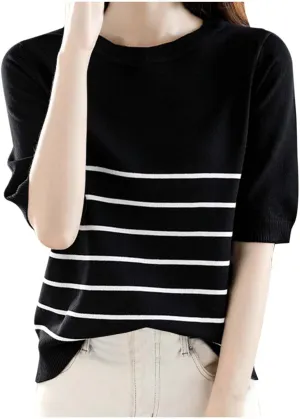 Women's Summer Pima Cotton Knit Short Sleeve Crew Neck Striped Shirt Womens Oversized Tee Shirts