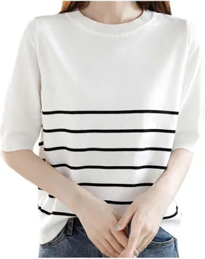 Women's Summer Pima Cotton Knit Short Sleeve Crew Neck Striped Shirt Womens Oversized Tee Shirts