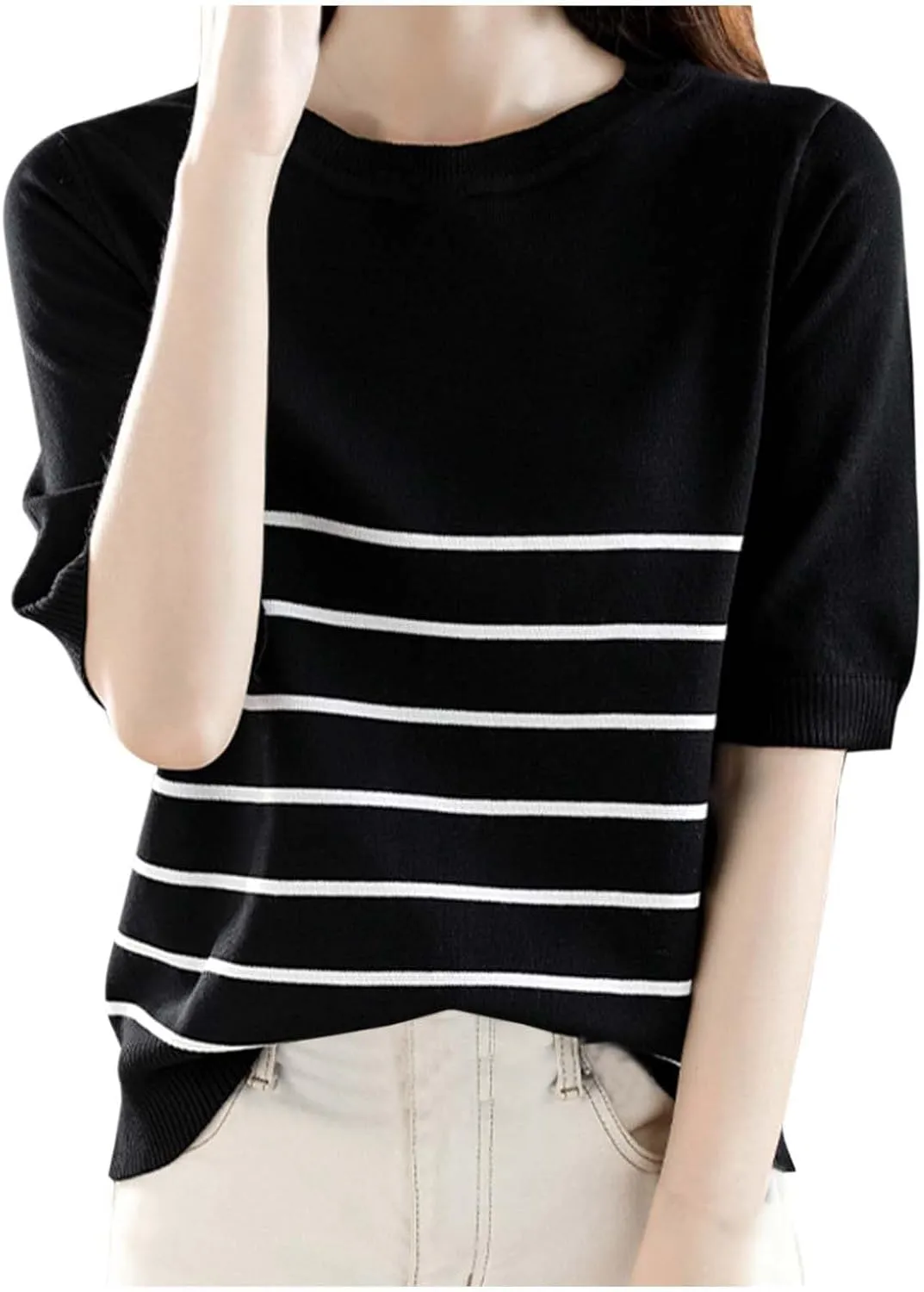 Women's Summer Pima Cotton Knit Short Sleeve Crew Neck Striped Shirt Womens Oversized Tee Shirts