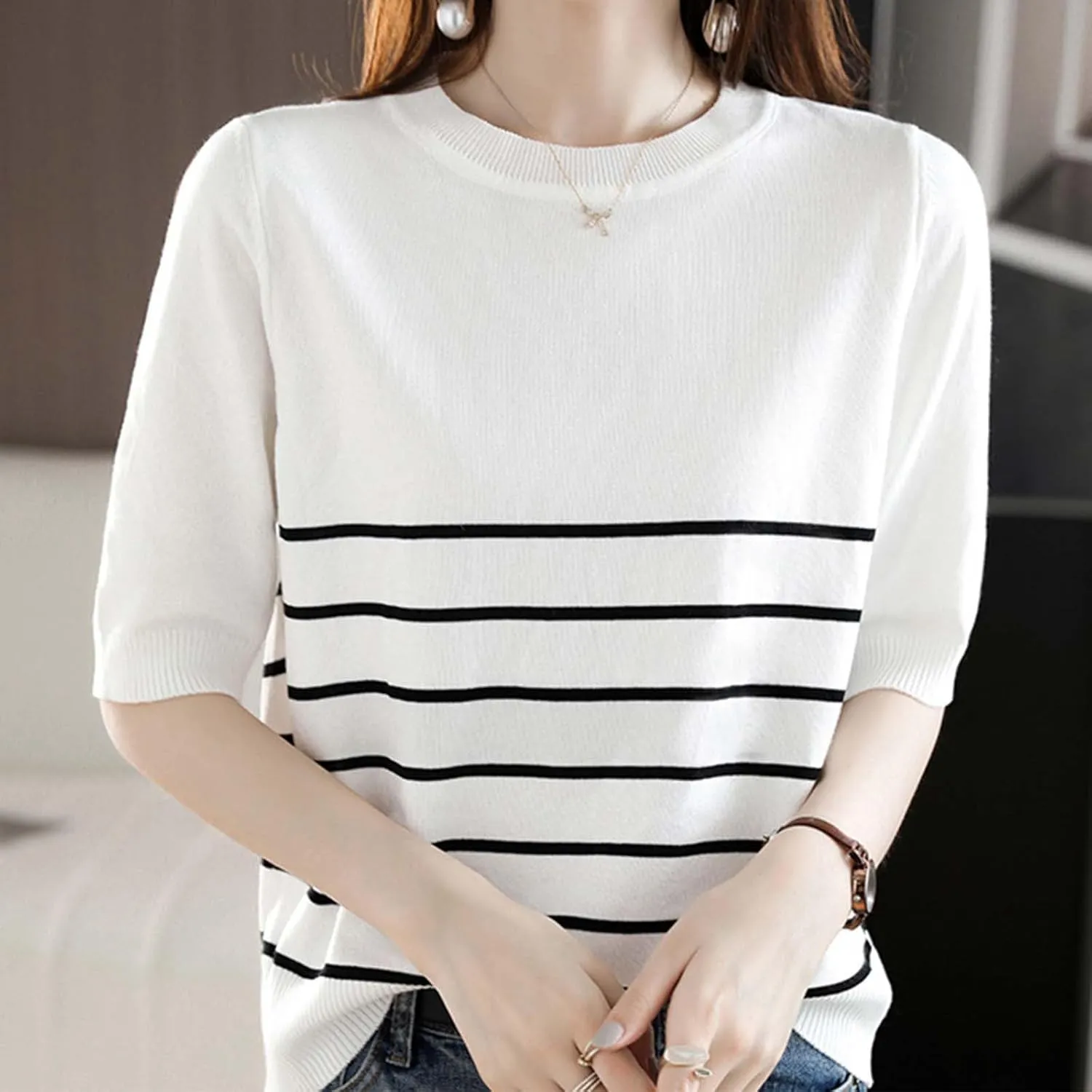 Women's Summer Pima Cotton Knit Short Sleeve Crew Neck Striped Shirt Womens Oversized Tee Shirts