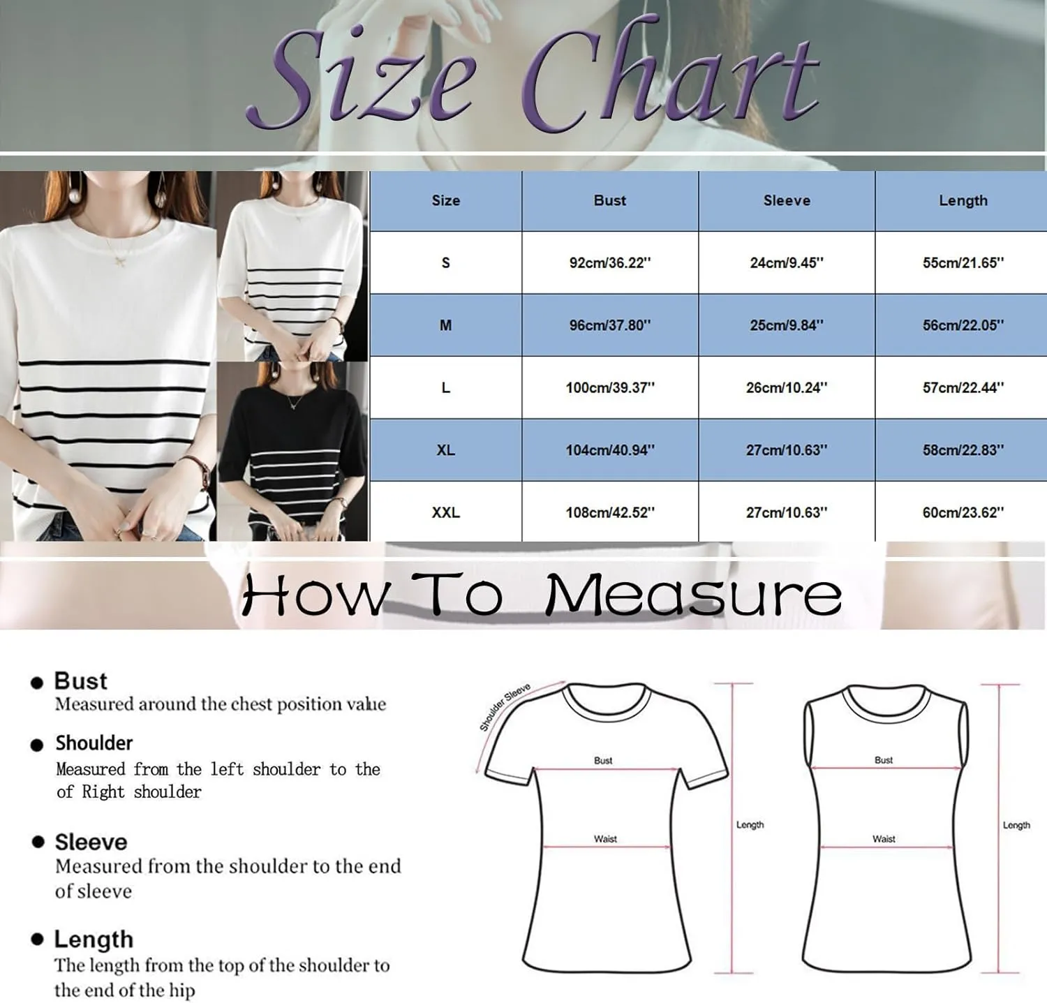 Women's Summer Pima Cotton Knit Short Sleeve Crew Neck Striped Shirt Womens Oversized Tee Shirts