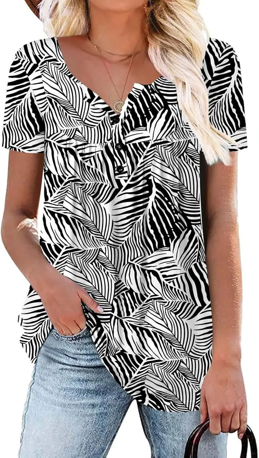 Womens Summer Tops Pleated Crewneck Short Sleeve Shirts Trendy Tunic Tops Plus Size Blouse Casual Workout Shirt