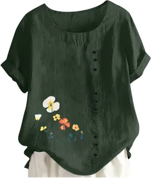 Womens Tops Cotton Linen Blouse Short Sleeve Boho Tshirt Floral Tees Cute Summer Tshirts Comfy T Shirt Loose Shirts
