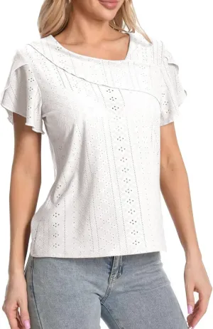 Womens Tops Dressy Casual Ruffle Short Sleeve Eyelet Irregular V Neck Blouses Cute Shirts Summer Outfits