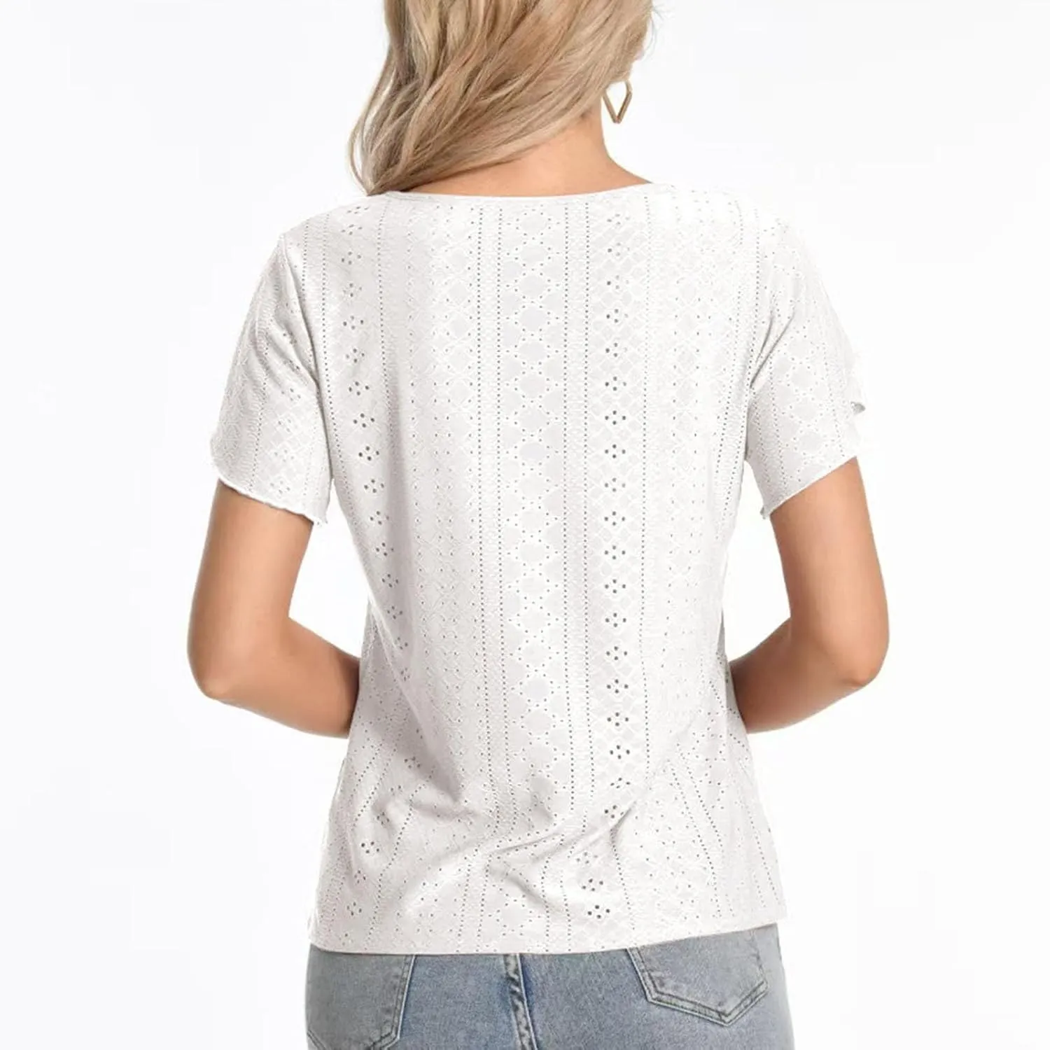 Womens Tops Dressy Casual Ruffle Short Sleeve Eyelet Irregular V Neck Blouses Cute Shirts Summer Outfits