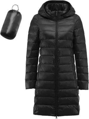 Women's Ultralight Down Jacket Long Packable Hooded Puffer Coat Warm Full-Zip Puffer Jacket for Outdoor
