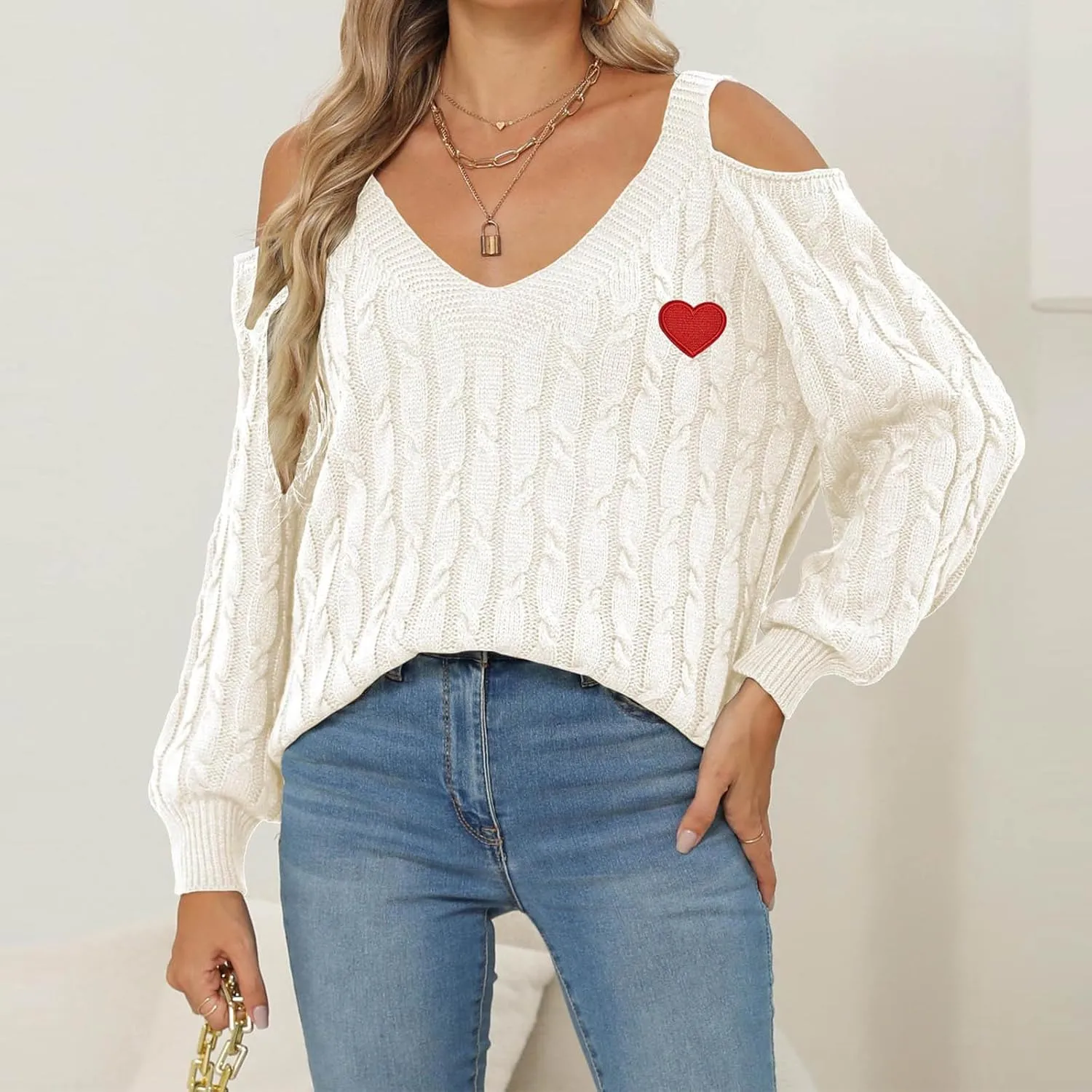 Women's V Neck Cold Shoulder Long Sleeve Sweater Fashion Heart Print Cable Knit Pullover Top Casual Loose Comfy Sweaters