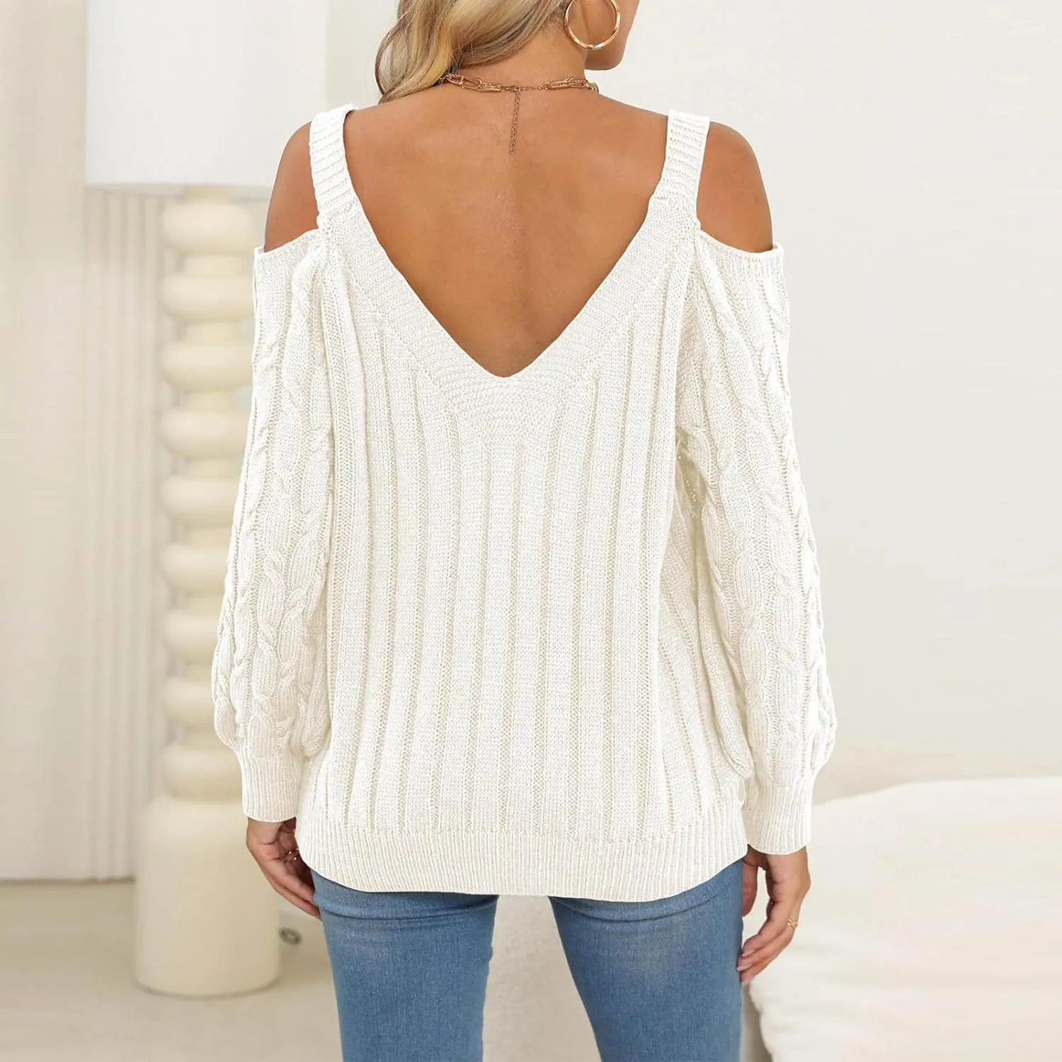Women's V Neck Cold Shoulder Long Sleeve Sweater Fashion Heart Print Cable Knit Pullover Top Casual Loose Comfy Sweaters