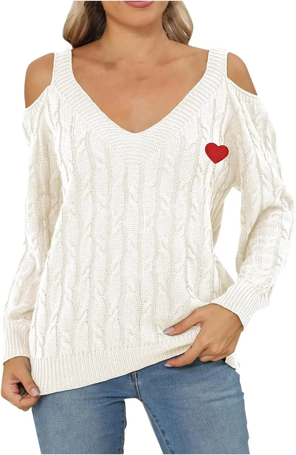 Women's V Neck Cold Shoulder Long Sleeve Sweater Fashion Heart Print Cable Knit Pullover Top Casual Loose Comfy Sweaters