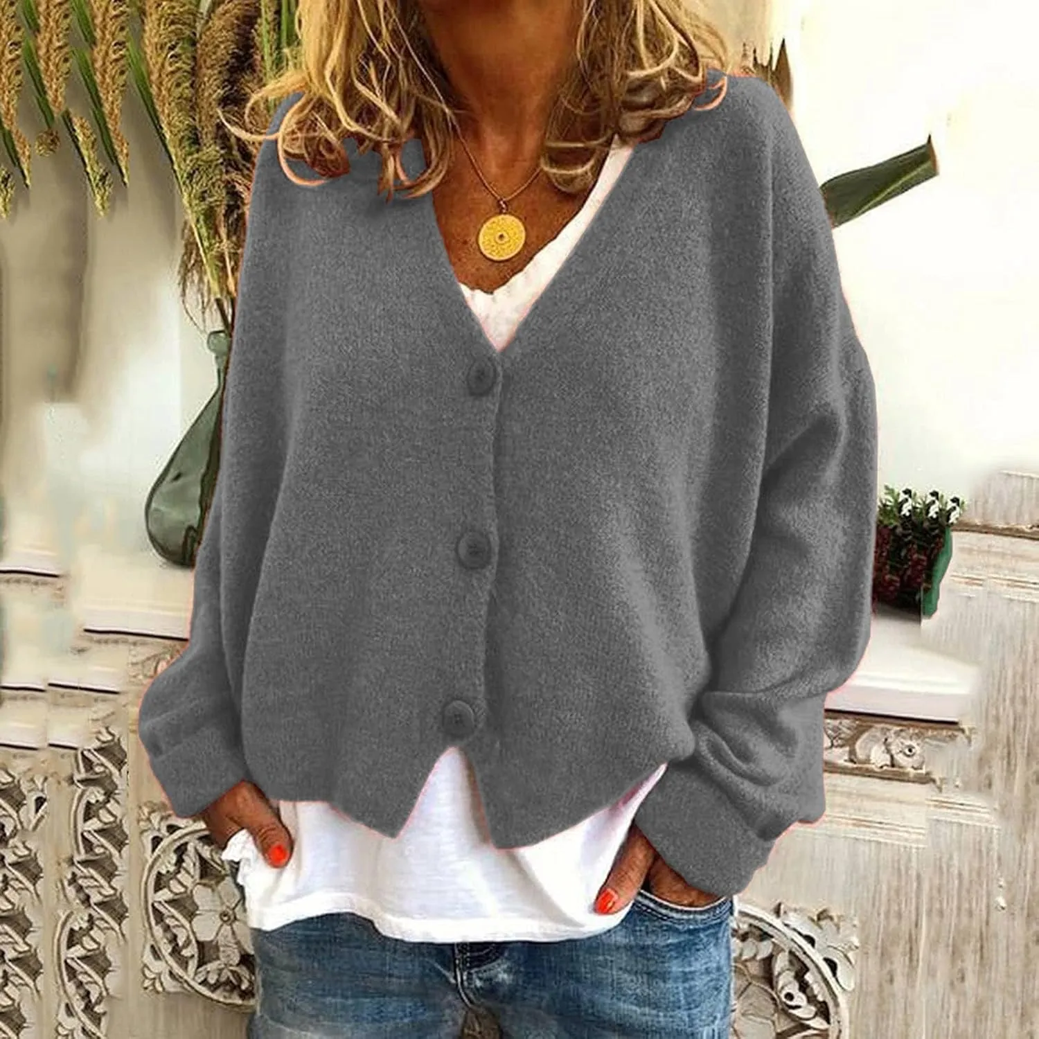 Womens V Neck Loose Cardigans Button Solid Cable Knit Cropped Sweater Tops Fall Casual Long Sleeved Jacket Coat