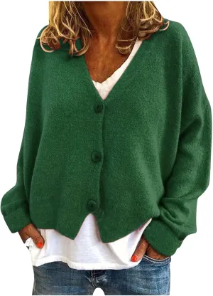 Womens V Neck Loose Cardigans Button Solid Cable Knit Cropped Sweater Tops Fall Casual Long Sleeved Jacket Coat