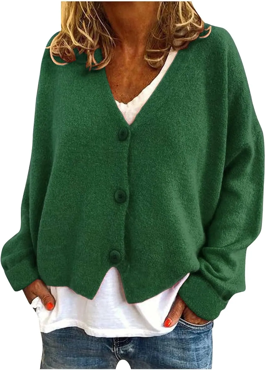 Womens V Neck Loose Cardigans Button Solid Cable Knit Cropped Sweater Tops Fall Casual Long Sleeved Jacket Coat