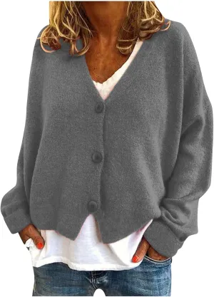 Womens V Neck Loose Cardigans Button Solid Cable Knit Cropped Sweater Tops Fall Casual Long Sleeved Jacket Coat