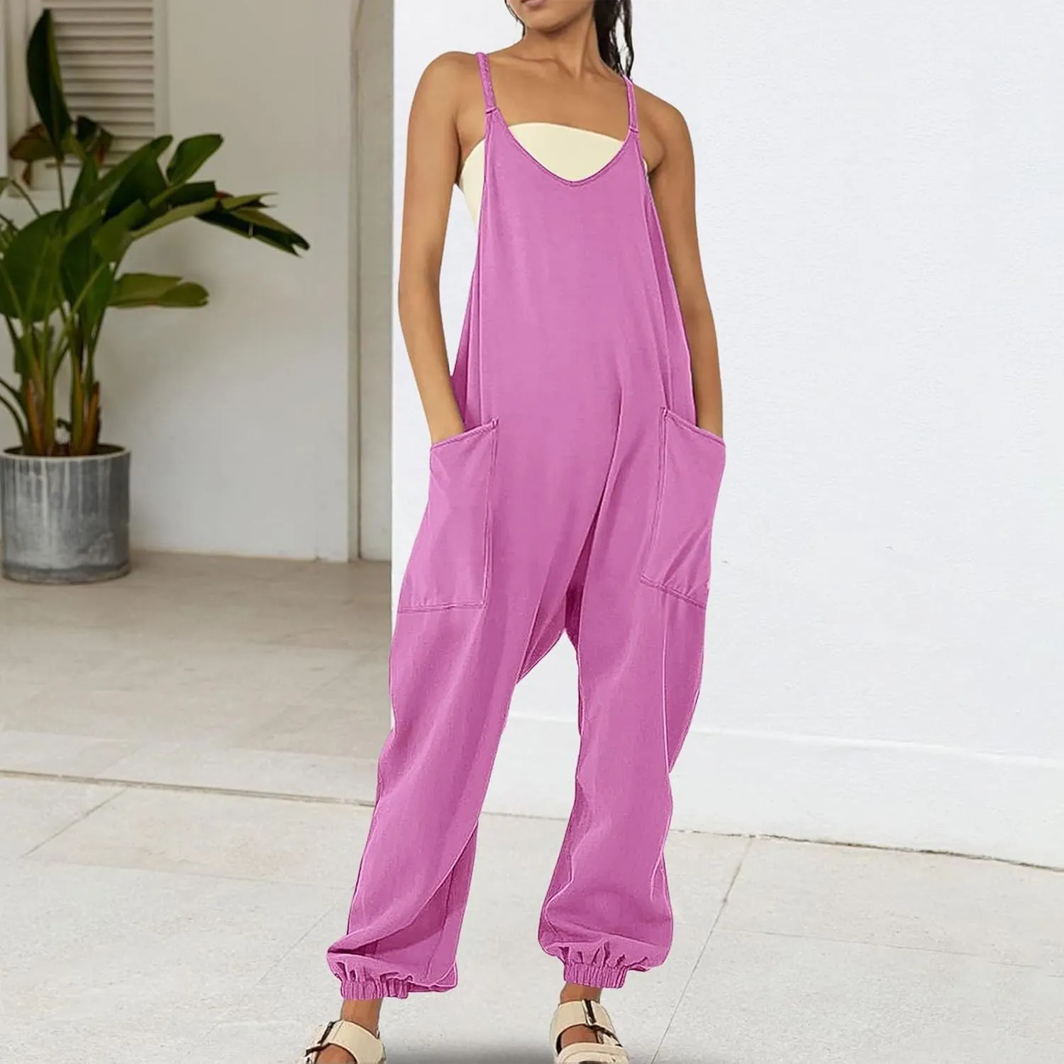 Women's V Neck Sleeveless Jumpsuits Spaghetti Straps Harem Long Pants Adjustable Strap Baggy Overalls with Pockets