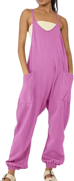 Women's V Neck Sleeveless Jumpsuits Spaghetti Straps Harem Long Pants Adjustable Strap Baggy Overalls with Pockets