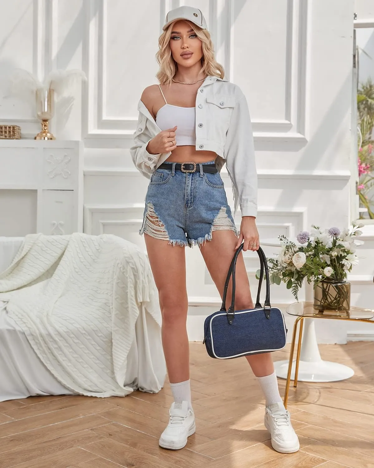 Women's White Fringe Denim Jacket Cropped Jean Coat