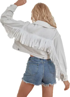 Women's White Fringe Denim Jacket Cropped Jean Coat