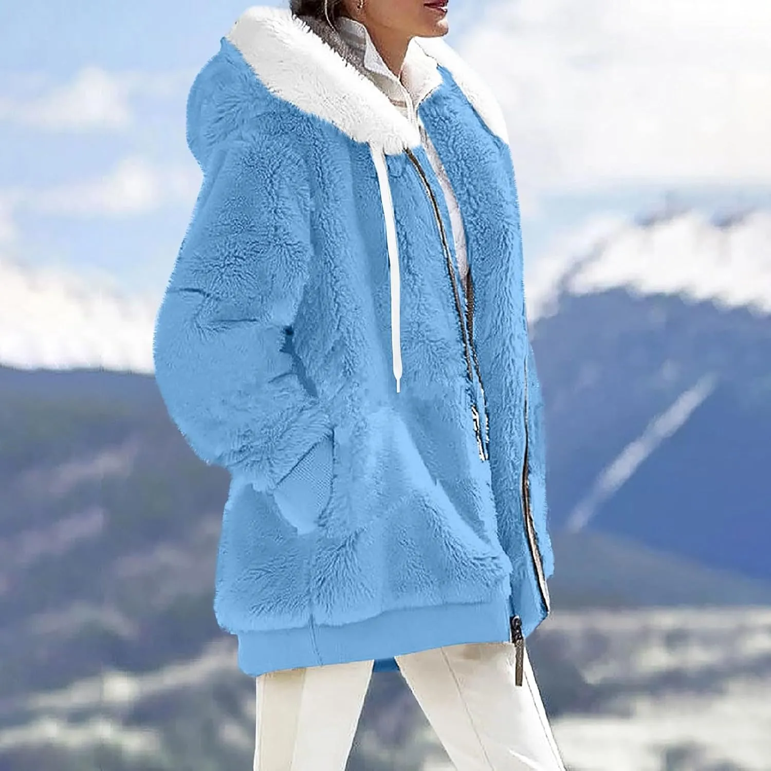 Womens Winter Coats Fuzzy Fleece Jacket Hooded Color Block Patchwork Cardigan Coat Warm Outerwear With Pocket