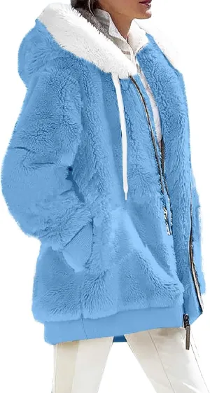 Womens Winter Coats Fuzzy Fleece Jacket Hooded Color Block Patchwork Cardigan Coat Warm Outerwear With Pocket