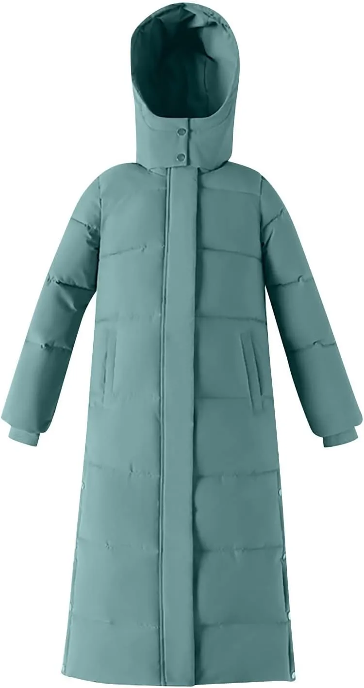 Women's Winter Hooded Long down Coats Jackets Maxi Parka Quilted Puffer Snow Jackets Outerwear with Side Button Hem