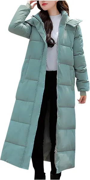 Women's Winter Hooded Long down Coats Jackets Maxi Parka Quilted Puffer Snow Jackets Outerwear with Side Button Hem