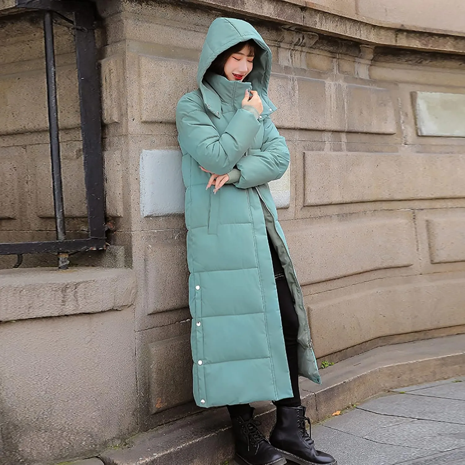 Women's Winter Hooded Long down Coats Jackets Maxi Parka Quilted Puffer Snow Jackets Outerwear with Side Button Hem