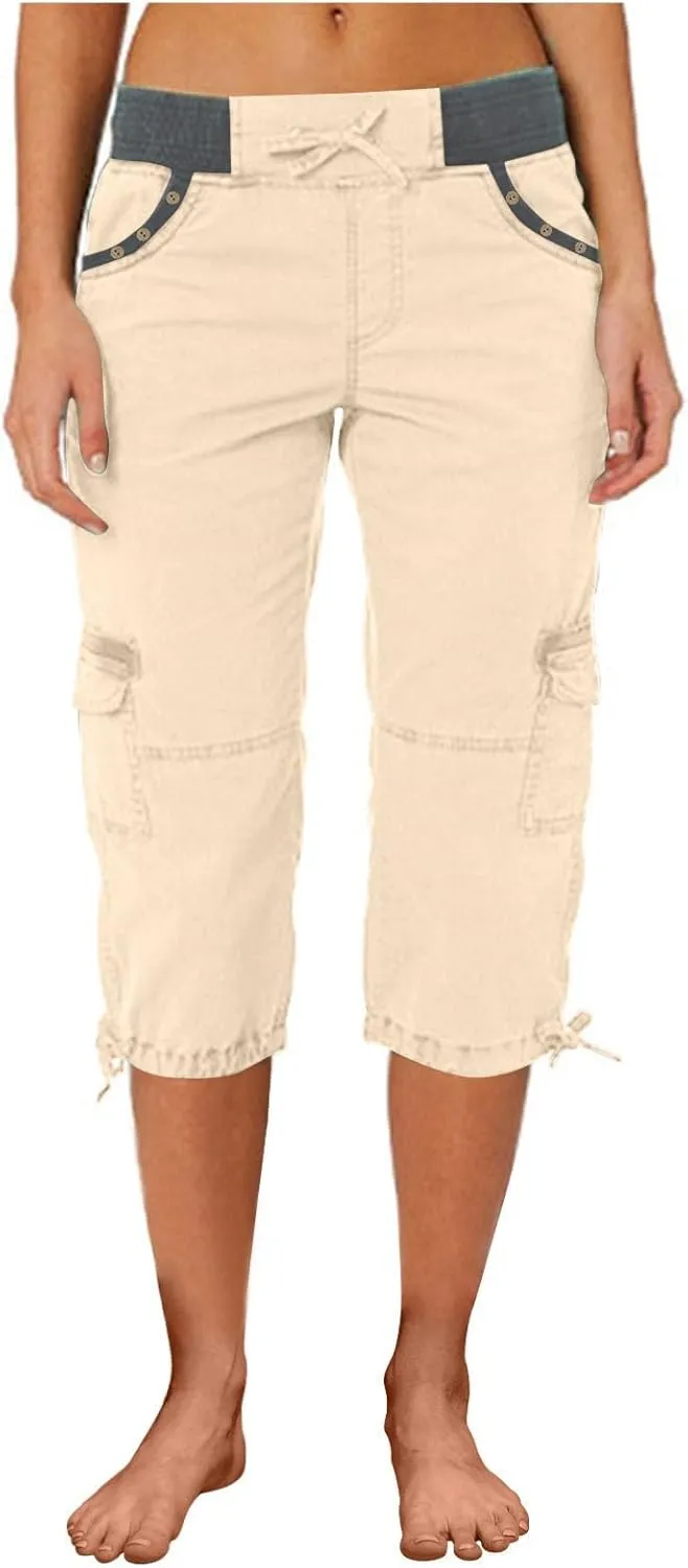 Women's Woven Cargo Capri Jogger Pants Casual Elastic Waist Cropped Pants Knee Casual Palazzo Trousers with Pockets
