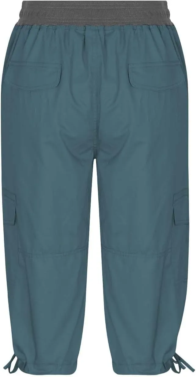 Women's Woven Cargo Capri Jogger Pants Casual Elastic Waist Cropped Pants Knee Casual Palazzo Trousers with Pockets