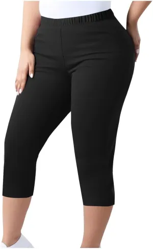 Women's Woven Cargo Capri Jogger Pants Casual Elastic Waist Cropped Pants Knee Casual Palazzo Trousers with Pockets