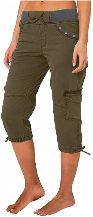 Women's Woven Cargo Capri Jogger Pants Casual Elastic Waist Cropped Pants Knee Casual Palazzo Trousers with Pockets