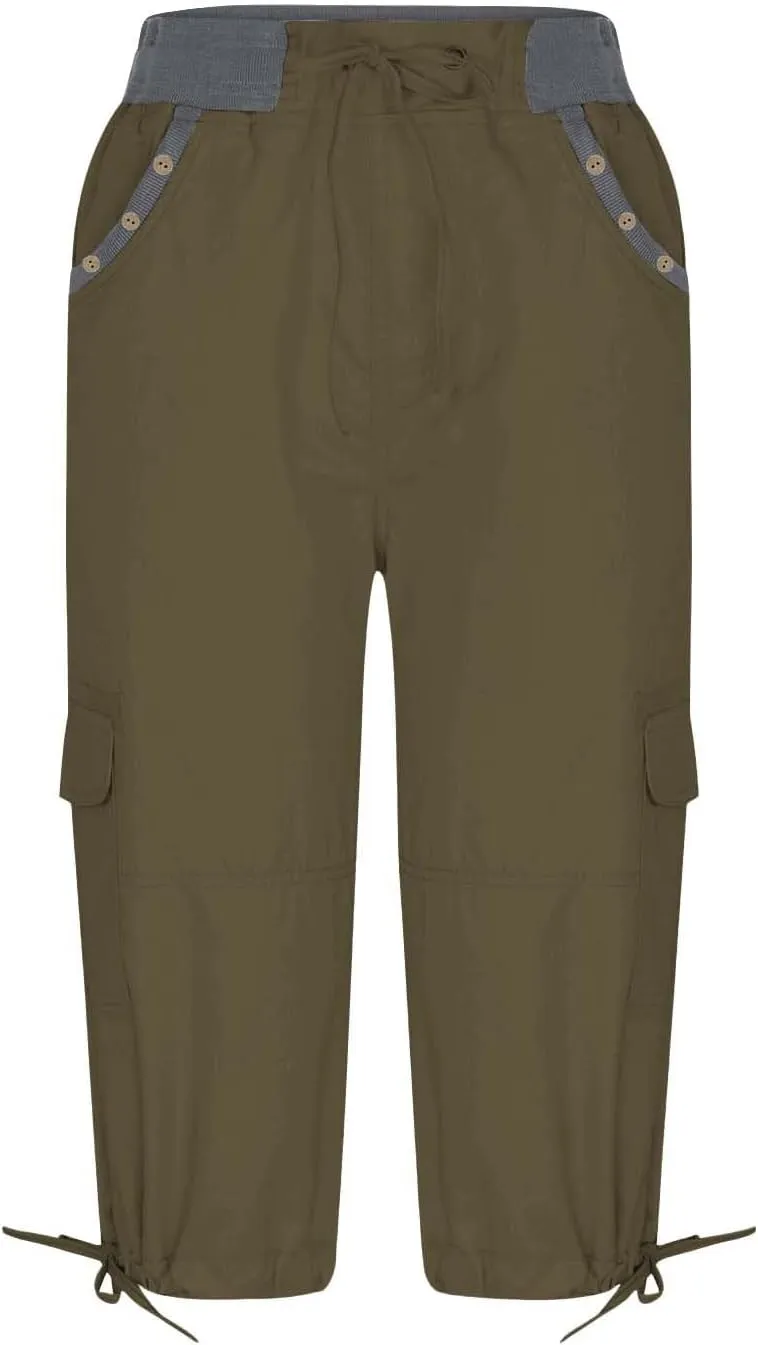 Women's Woven Cargo Capri Jogger Pants Casual Elastic Waist Cropped Pants Knee Casual Palazzo Trousers with Pockets