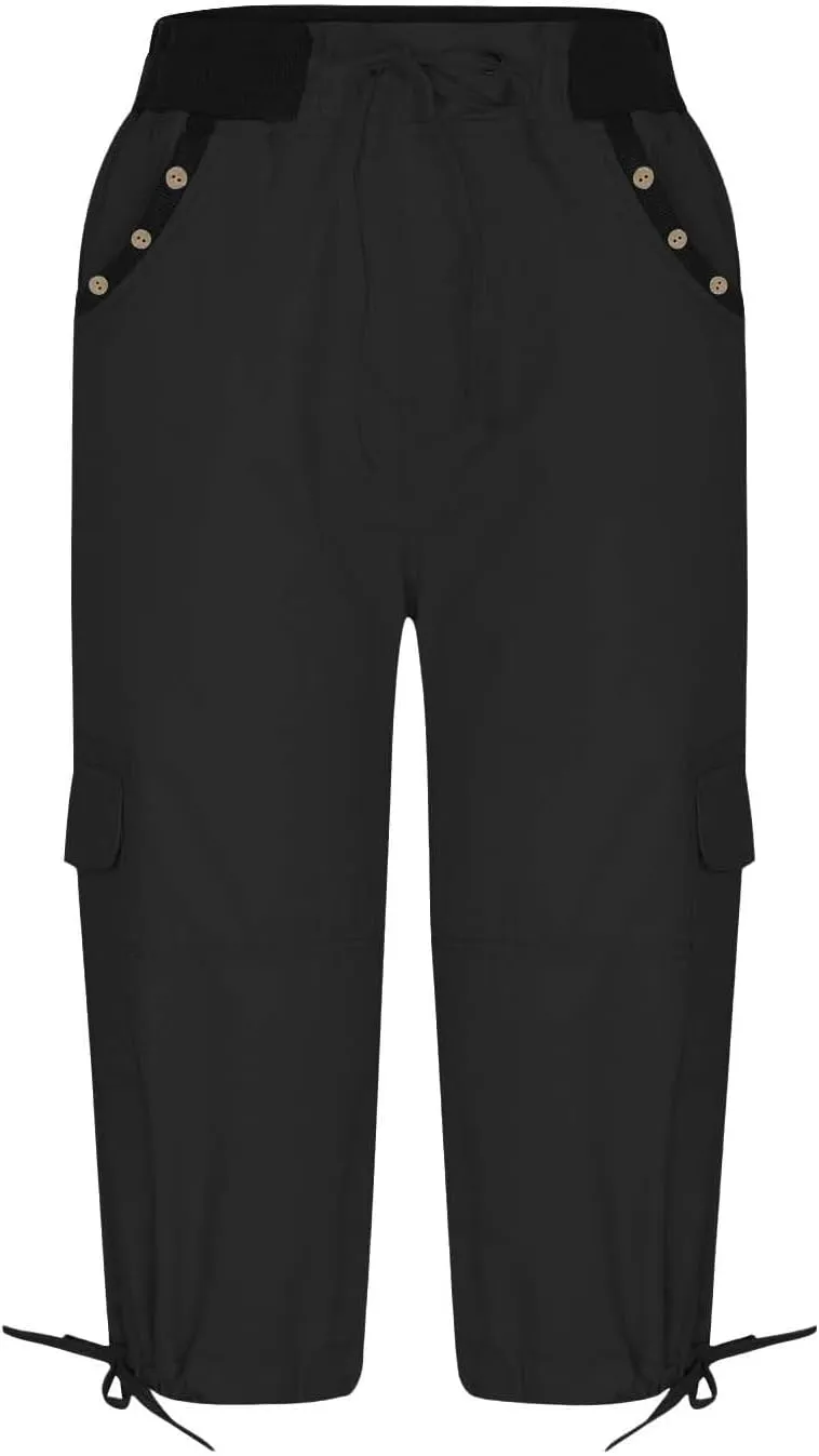 Women's Woven Cargo Capri Jogger Pants Casual Elastic Waist Cropped Pants Knee Casual Palazzo Trousers with Pockets