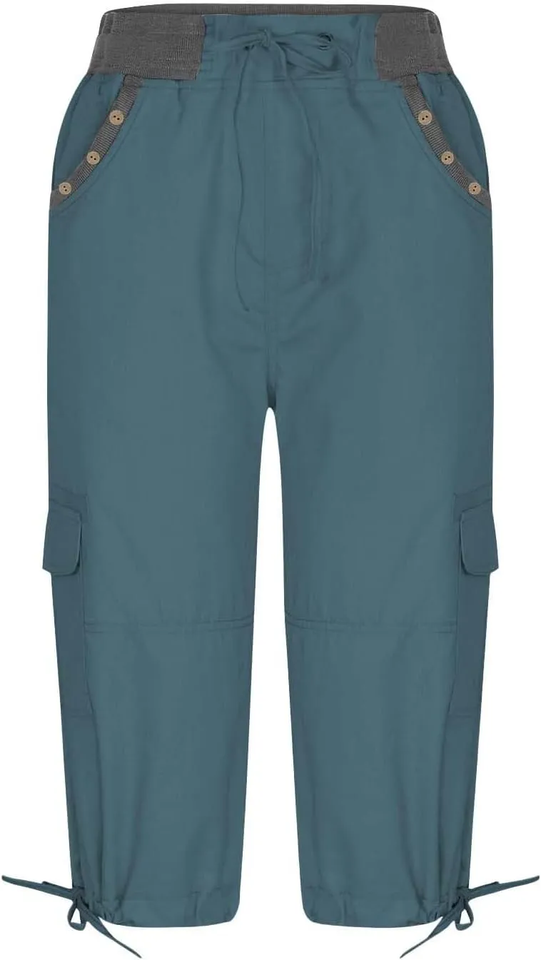 Women's Woven Cargo Capri Jogger Pants Casual Elastic Waist Cropped Pants Knee Casual Palazzo Trousers with Pockets