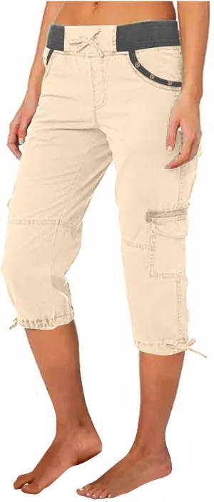 Women's Woven Cargo Capri Jogger Pants Casual Elastic Waist Cropped Pants Knee Casual Palazzo Trousers with Pockets